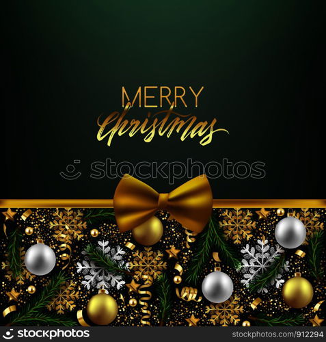 Merry Christmas Happy New Year decorative postcard, baubles and fir branches decoration background, vector illustration
