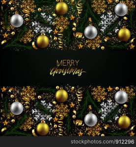 Merry Christmas Happy New Year decorative postcard, baubles and fir branches decoration background, vector illustration