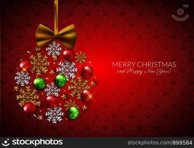 Merry Christmas Happy New Year decorative postcard, baubles and snowflakes background, vector illustration