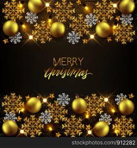 Merry Christmas Happy New Year decorative postcard, shiny baubles glitter snowflakes background, vector illustration