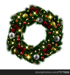 Merry Christmas Happy New Year fir tree wreath with decorations, vector illustration