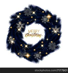 Merry Christmas Happy New Year fir tree wreath with decorations, vector illustration