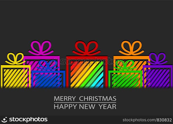 Merry Christmas & Happy New Year greeting card design with colorful gift boxes, stock vector illustration