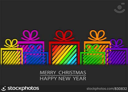 Merry Christmas & Happy New Year greeting card design with colorful gift boxes, stock vector illustration