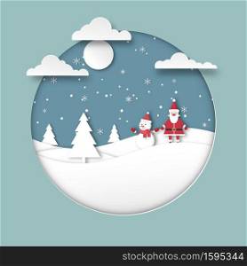Merry Christmas. Happy new year greeting card. The holiday season of Santa Claus with a cute snowman on the hills and snowflakes. Vector paper cut style