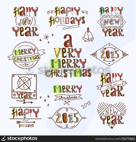 Merry christmas happy new year holidays type labels set isolated vector illustration