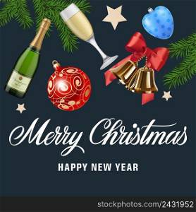Merry Christmas Happy New Year lettering with baubles, ch&agne, fir branches, bells. Celebration, invitation, party. Holiday concept. Can be used for greeting card, sticker, brochure