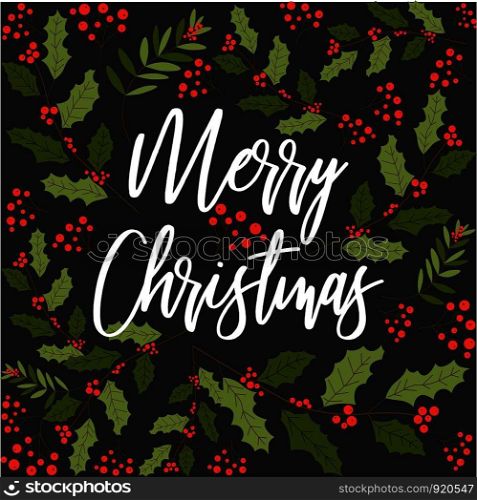 Merry Christmas happy New Year, mistletoe seamless pattern vector. Poster with greeting text and symbolic winter holiday plant with leaves and red berries. Foliage and frondage of vegetation. Merry Christmas happy New Year, mistletoe seamless pattern vector.