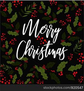 Merry Christmas happy New Year, mistletoe seamless pattern vector. Poster with greeting text and symbolic winter holiday plant with leaves and red berries. Foliage and frondage of vegetation. Merry Christmas happy New Year, mistletoe seamless pattern vector.