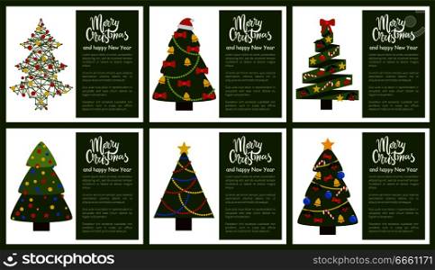 Merry Christmas Happy New Year poster with abstract spruces with garlands and toys, topped by hat or star vector tree symbols with decorative elements. Merry Christmas and Happy New Year Poster Tree Set