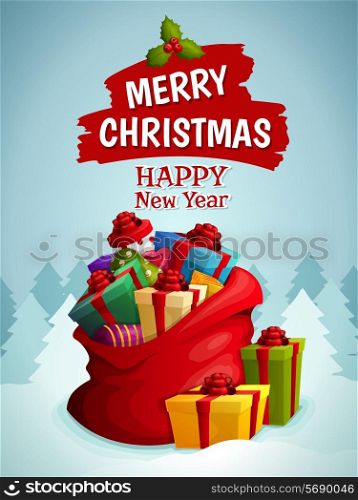 Merry christmas happy new year poster with bag of holiday gifts boxes on winter forest background vector illustration