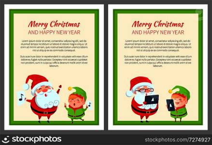 Merry Christmas happy New Year Santa and cute elf in white background. Vector illustration with smiling xmas characters surrounded by square frame. Merry Christmas Happy New Year Santa and Cute Elf
