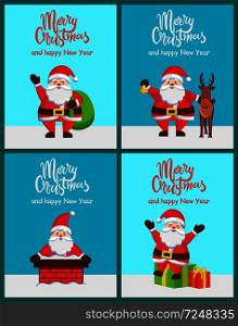 Merry Christmas happy New Year Santa Claus posters on light blue background. Vector illustration with Santa with presents and deer on snowy house roof. Merry Christmas Happy New Year Santa Claus Posters