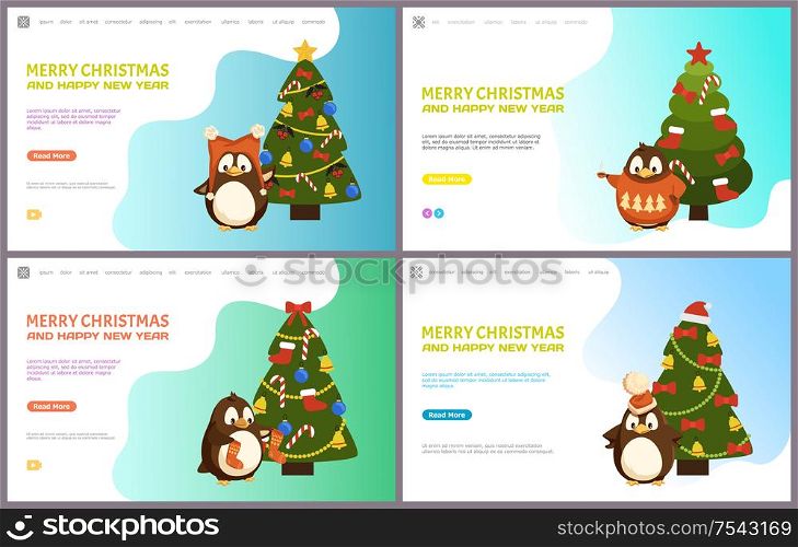 Merry Christmas happy New Year web pages online set vector. Tree decorated with baubles and bows, Santa Claus traditional hat and candy decor penguin. Merry Christmas Happy New Year Web Pages Online