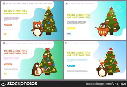 Merry Christmas happy New Year web pages online set vector. Tree decorated with baubles and bows, Santa Claus traditional hat and candy decor penguin. Merry Christmas Happy New Year Web Pages Online