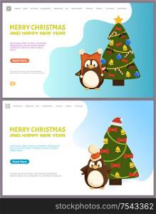Merry Christmas happy New Year web pages online vector. Decorated pine tree with baubles and garlands, stars on top. Animal wearing knitted Santa hat. Merry Christmas Happy New Year Web Pages Online