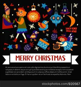 Merry Christmas happy winter holidays banner with text vector. Couple of man and woman celebrating together, baubles and ball toys, bird and presents in boxes. Angel holding harp, hearts signs. Merry Christmas happy winter holidays banner with text