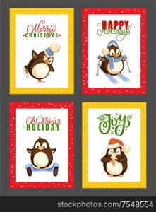 Merry Christmas happy winter holidays posters set with greeting text vector. Skiing and figure skating, animal riding hoverboard, transport with wheels. Merry Christmas Happy Winter Holidays Penguins