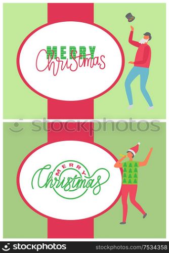 Merry Christmas, happy winter holidays posters vector. Bearded man throwing hat with mistletoe berry and leaf, person wearing Santa Claus red cap. Merry Christmas, Happy Winter Holidays Posters