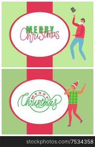 Merry Christmas, happy winter holidays posters vector. Bearded man throwing hat with mistletoe berry and leaf, person wearing Santa Claus red cap. Merry Christmas, Happy Winter Holidays Posters