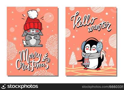 Merry Christmas hello winter greeting cards penguin in earphones, scarf over neck and rabbit in warm hat on winter landscapes vector illustrations set. Merry Christmas Greeting Cards with Penguin Rabbit