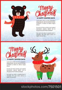 Merry Christmas holiday banners with bear with cane candy and deer wearing scarf. Winter days feast celebration, forest animals vector illustration. Merry Christmas Holiday Banners with Bear and Deer