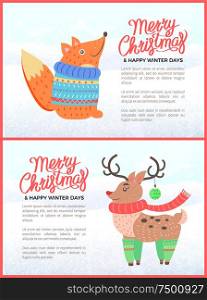 Merry Christmas holiday banners with fox in sweater and deer wearing scarf and ball on horn. Winter days, celebration and greeting vector illustration. Merry Christmas Holiday Banners with Fox and Deer