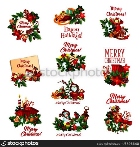 Merry Christmas holiday festive icon. Xmas gift, tree and holly, Santa, snowman, bell and snow, ribbon bow, candy and ball, cookie, calendar, star and snowflake for New Year celebration badge design. Christmas holiday icon of Santa, snowman and gift