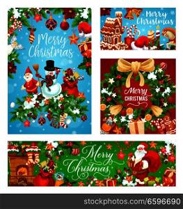 Merry Christmas Holiday greeting card and New Year festive banner. Snowman, Santa and gift bag with present, Xmas tree wreath with bell, ribbon bow and snowflake, star, ball and candy, candle and snow. Merry Christmas greeting card for winter holidays