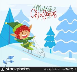 Merry christmas, holiday greeting postcard. Fairy character actively spend time riding sleigh. Happy elf sledding downhill in forest. Vector illustration of wintertime activity in flat style. Merry Christmas, Xmas Elf Riding Sleigh in Forest