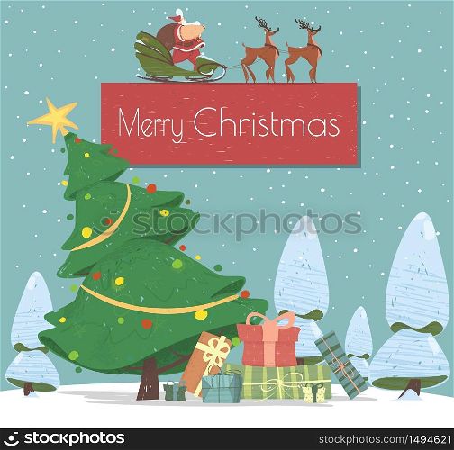 Merry Christmas Holiday Square Poster, Greeting Card or Invitation Design Template with Santa Claus Rides Reindeer Sleds, Gifts Under Decorated Christmas Tree Cartoon Vector, Hand Drawn Illustrations