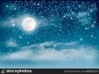 Merry Christmas Holiday winter landscape background with snowflakes and moon. Vector