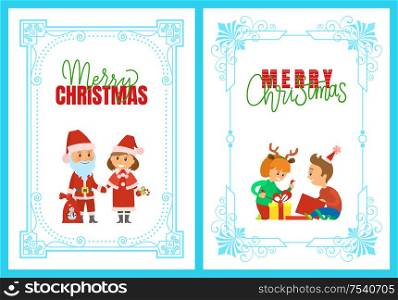 Merry Christmas holidays and happy winter posters vector. Santa Claus holding sack with presents to kids, Snow Maiden with lollipop. Unpacking gifts. Merry Christmas Holidays and Happy Winter Posters