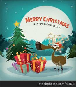 Merry Christmas Holidays Background. Illustration of a funny reindeer with santa claus hat next to christmas fir and gift pack, on winter's eve holidays background landscape, with snow and full moon in the sky