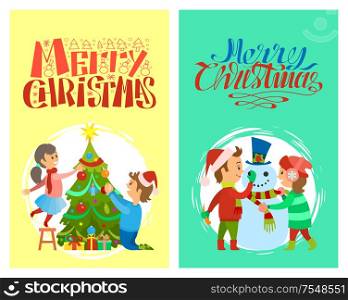 Merry Christmas holidays children building snowman and decorating Xmas spruce tree vector in round brush frame. Boy in Santa Claus hat and pretty girl, lettering. Merry Christmas Holiday Children Snowman Tree Card