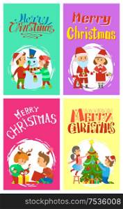Merry Christmas holidays children building snowman, Santa Claus and Snow Maiden. Children open boxes with gifts, decorating Xmas tree, vector winter cards. Merry Christmas Holidays Children Building Snowman