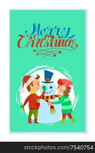 Merry Christmas holidays children building snowman vector in round brush frame. Boy in Santa Claus hat holding carrot nose, girl putting scarf on man of snow. Merry Christmas Holidays Children Building Snowman