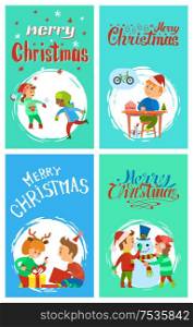 Merry Christmas holidays children opening gift boxes, writing letter to Santa, building snowman and playing snowballs, vector outdoor activities posters. Merry Christmas Holidays Children Having Fun Cards