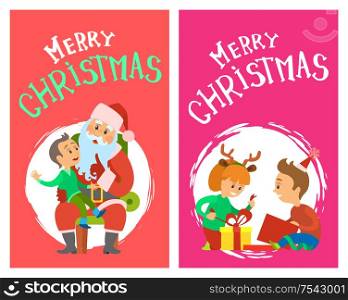 Merry Christmas holidays, children opening presents, boy telling wishes on Santa knees vector in round brush frame. Girl and boy kids unpacking gifts. Merry Christmas Holidays Children Opening Presents