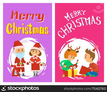 Merry Christmas holidays, children opening presents, Santa Claus and Snow Maiden, vector characters in round brush frame. Girl wearing reindeer horns accessories. Christmas, Children Open Gifts, Santa, Snow Maiden