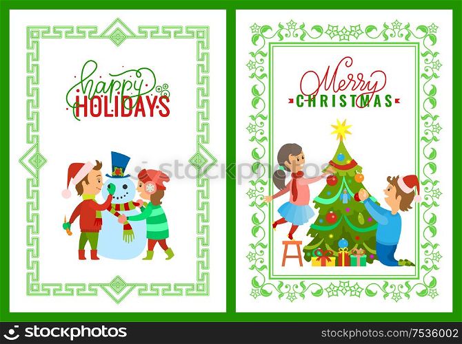Merry Christmas holidays children playing outdoors building snowman vector. Evergreen pine tree decorating by father and daughter. Family days at home. Merry Christmas Holidays Children Playing Outdoors