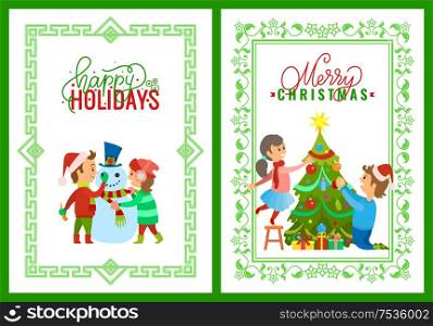 Merry Christmas holidays children playing outdoors building snowman vector. Evergreen pine tree decorating by father and daughter. Family days at home. Merry Christmas Holidays Children Playing Outdoors