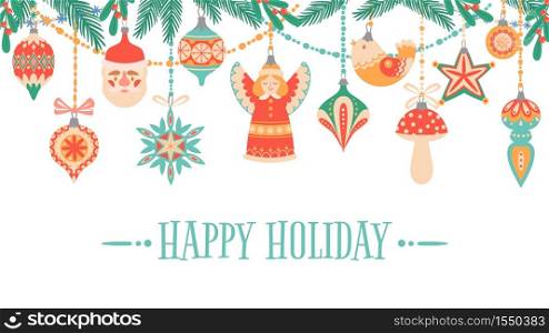 Merry Christmas. Holidays greeting card with traditional new year accessories and happy texting, colorful postcard flat vector template. Xmas decorative toys with fir tree green branches. Merry Christmas. Holidays greeting card with traditional new year accessories and happy texting, colorful postcard flat vector template