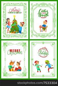 Merry Christmas, holidays of children on vacations vector. Father and kid decorating pine tree with garlands and baubles, kids playing snowball fight. Merry Christmas, Holidays of Children on Vacations