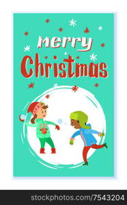 Merry Christmas holidays of children playing snowballs vector in round brush frame. Boy and girl winter games, kids wearing warm clothes having fun outdoors. Christmas Holidays of Children Playing Snowballs