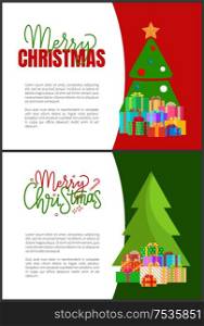 Merry Christmas holidays postcards evergreen tree. Vector spruce or pine decorated by ball toys and heaps of wrapped gift boxes beneath, lettering text. Merry Christmas Holidays Postcards Evergreen Tree