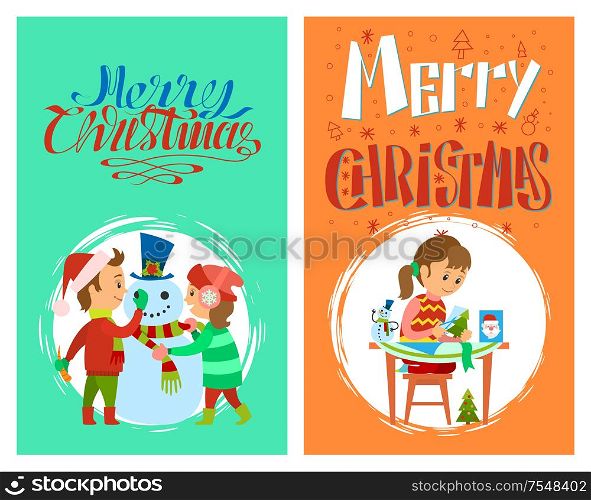 Merry Christmas holidays preparation of girl with cards and children making snowman, vector in round brush frame. Child making handmade winter character. Christmas Holidays Merry Christmas Postcards Set