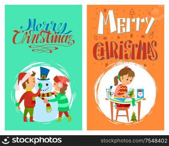 Merry Christmas holidays preparation of girl with cards and children making snowman, vector in round brush frame. Child making handmade winter character. Christmas Holidays Merry Christmas Postcards Set