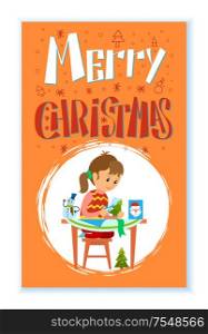Merry Christmas holidays preparation of girl with cards vector in round brush frame. Child making handmade greeting post, pine evergreen tree and Santa Claus. Christmas Holidays Preparation of Girl with Card