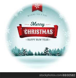 Merry Christmas Holidays Snowball. Illustration of a design christmas landscape background, with firs, snow and banner for winter and new year holidays, inside rounded snowball